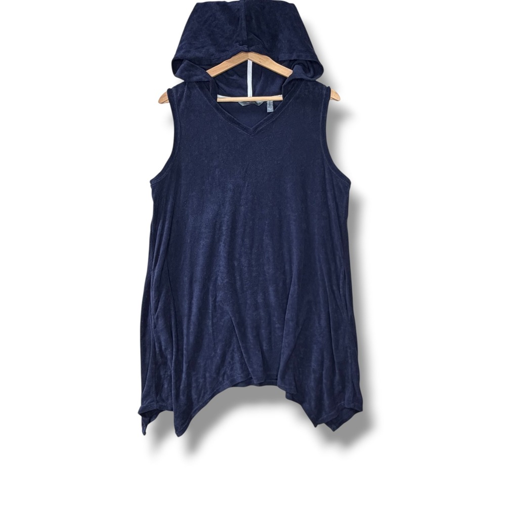 AnyBody Women's L Petite Navy Blue Terry Cloth Sleeveless Hooded Swim Cover Up